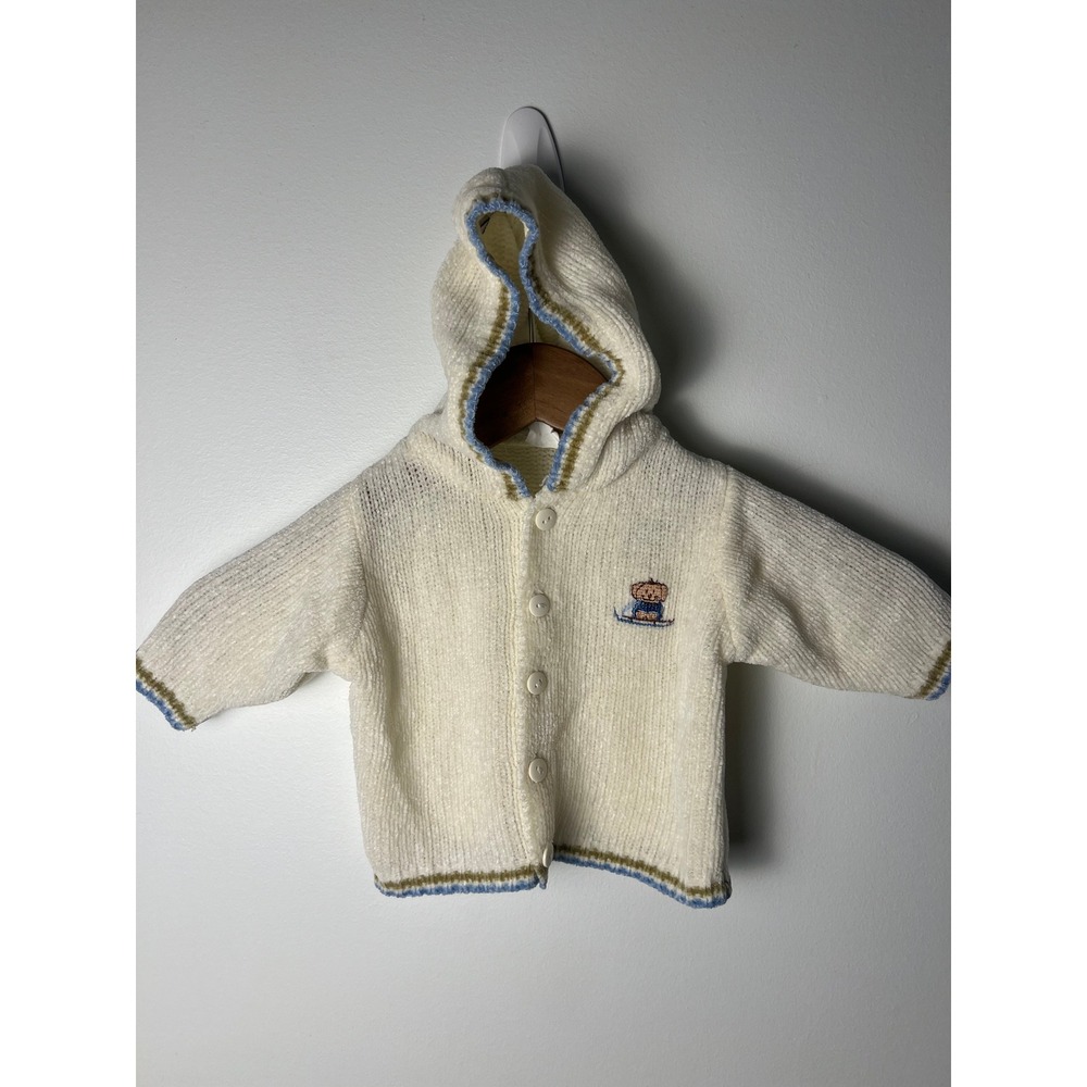 Sunny Hooded Cardigan Baby 12M White Vintage Knit Bear Embroidered Trim Y2K 90's